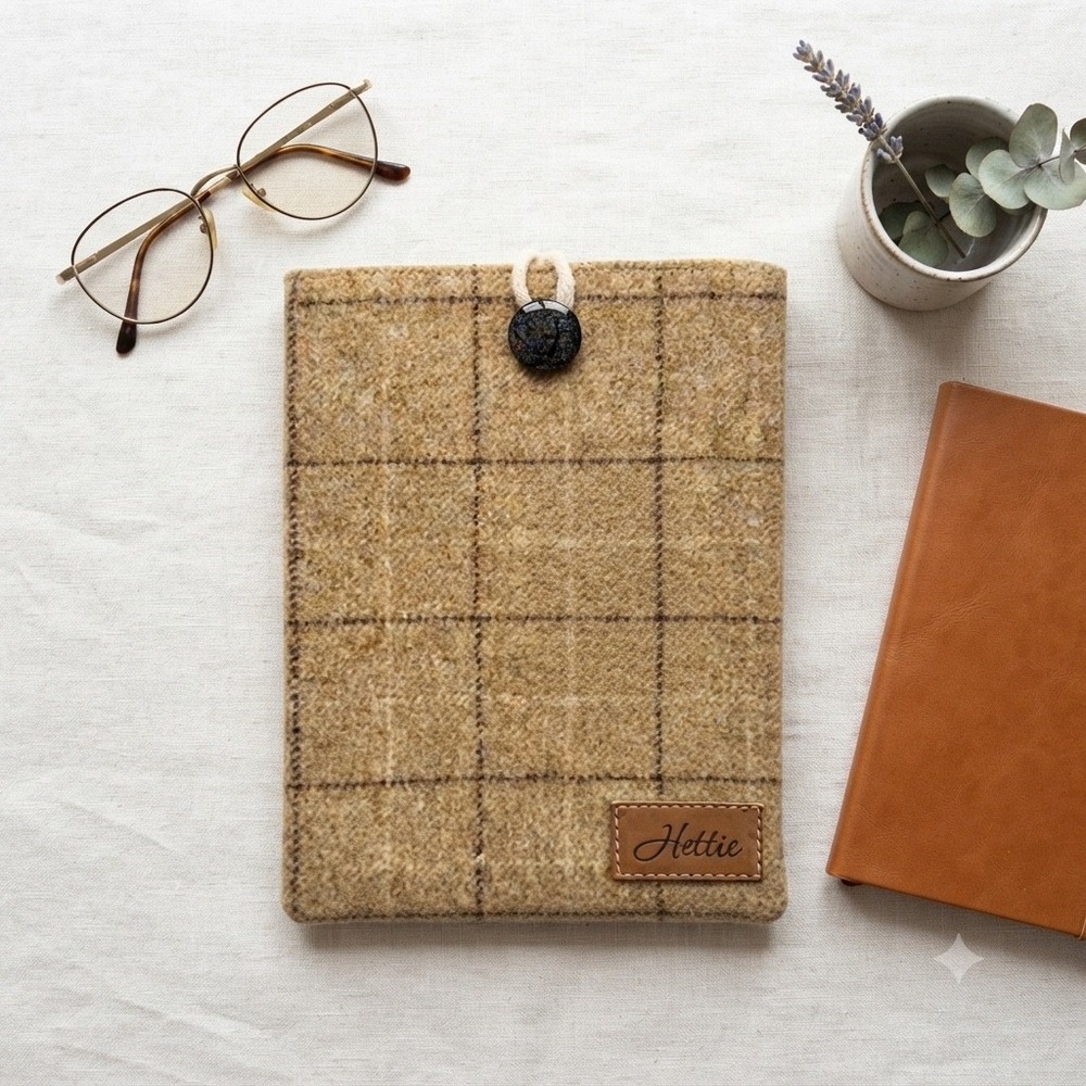 Hettie Tablet Case Small Tan Plaid British Wool Moon Cloth Tweed Sleeve